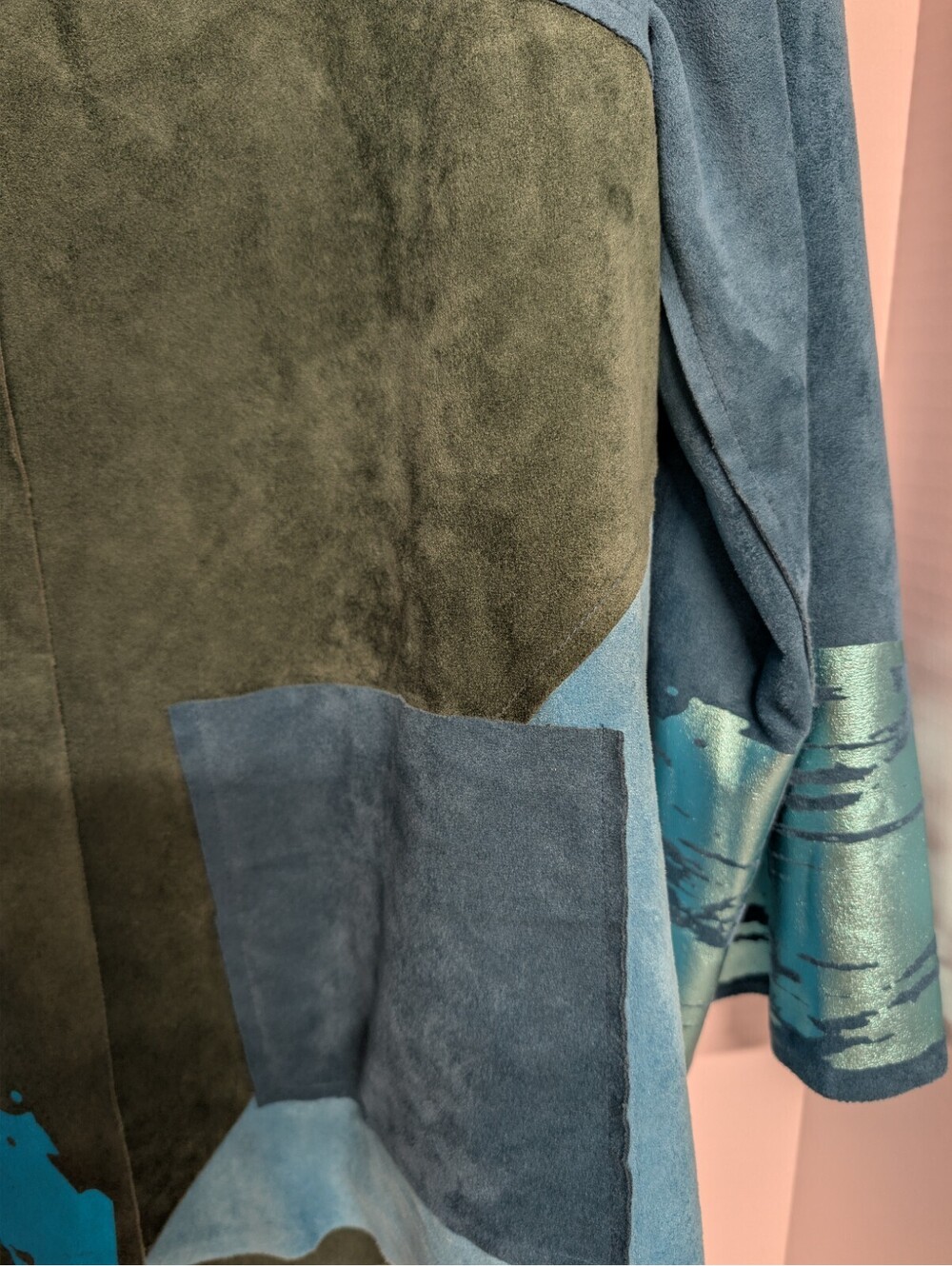 Lemon Grass Women's Teal/Blue Patchwork Jacket Mixed Media Metallic Design Small View 4